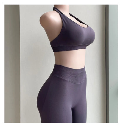 2 Pieces Yoga Gym Set Women Seamless Strappy Yoga Bra High Waist Workout Scrunch Shorts Sports Set Fitness Clothes Sportswear