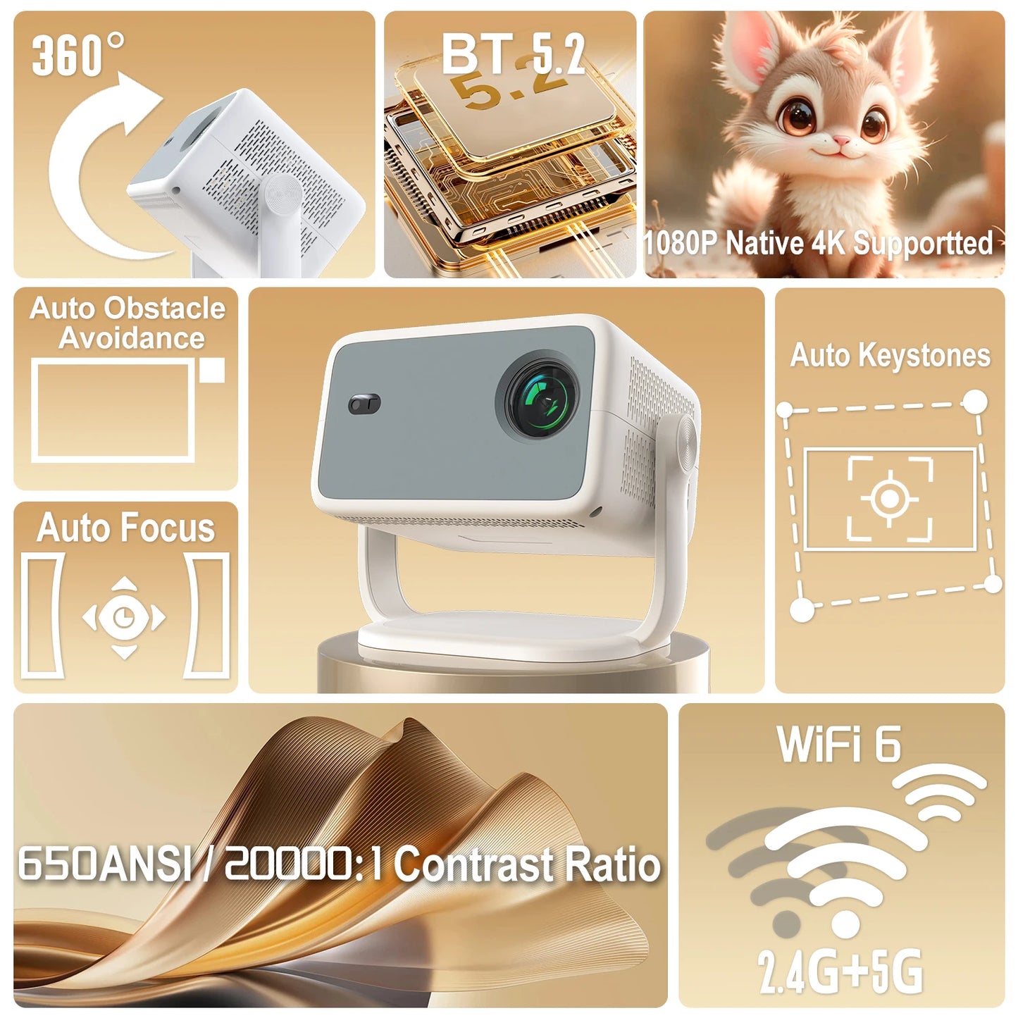 Velec Projector Compatible with Netflix 650ANSI Android 13 Portable 4K Native Wifi6 BT5.2 1080P TP350 Auto Keystone Correction