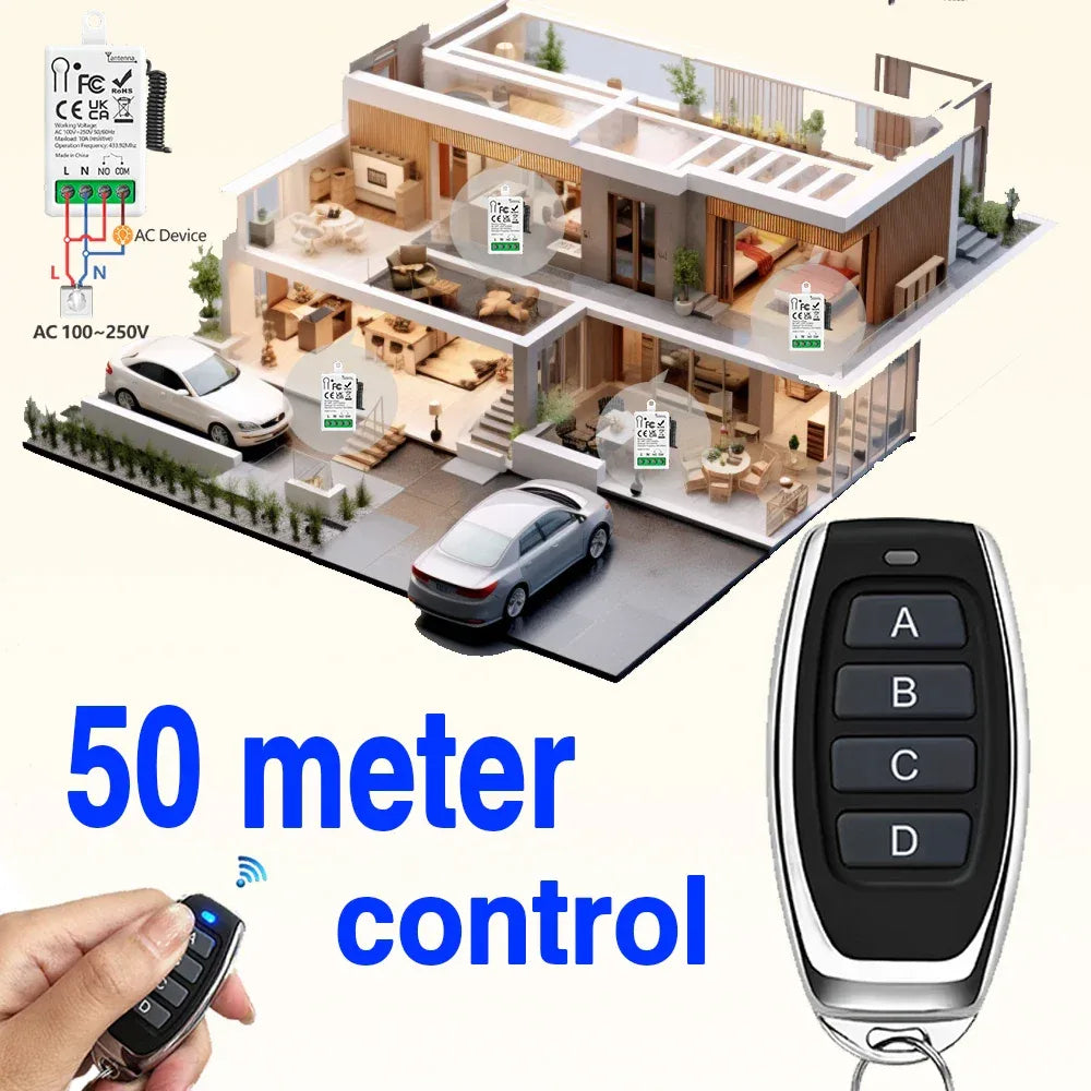 RF433MHz Dry Contact Wireless Remote Control Light Switch AC110V 220V 10A Mini Relay Module for Garage Control Lock LED DIY Lamp