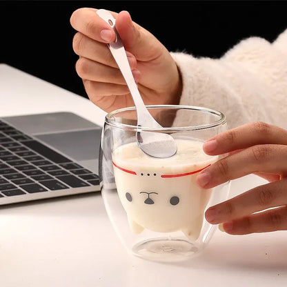 280ML Double Glass Cup Coffee Mug Bear Cat Dog Animal Transparent Cute Milk Juice Tea Drinking Cups Birthday Party Wine Glasses