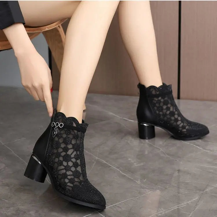 2025 Spring Summer Fashion Rhinestones Gauze Sandals Thick Heels Mesh Autumn Ankle Boots Female Hollow Women's Shoes