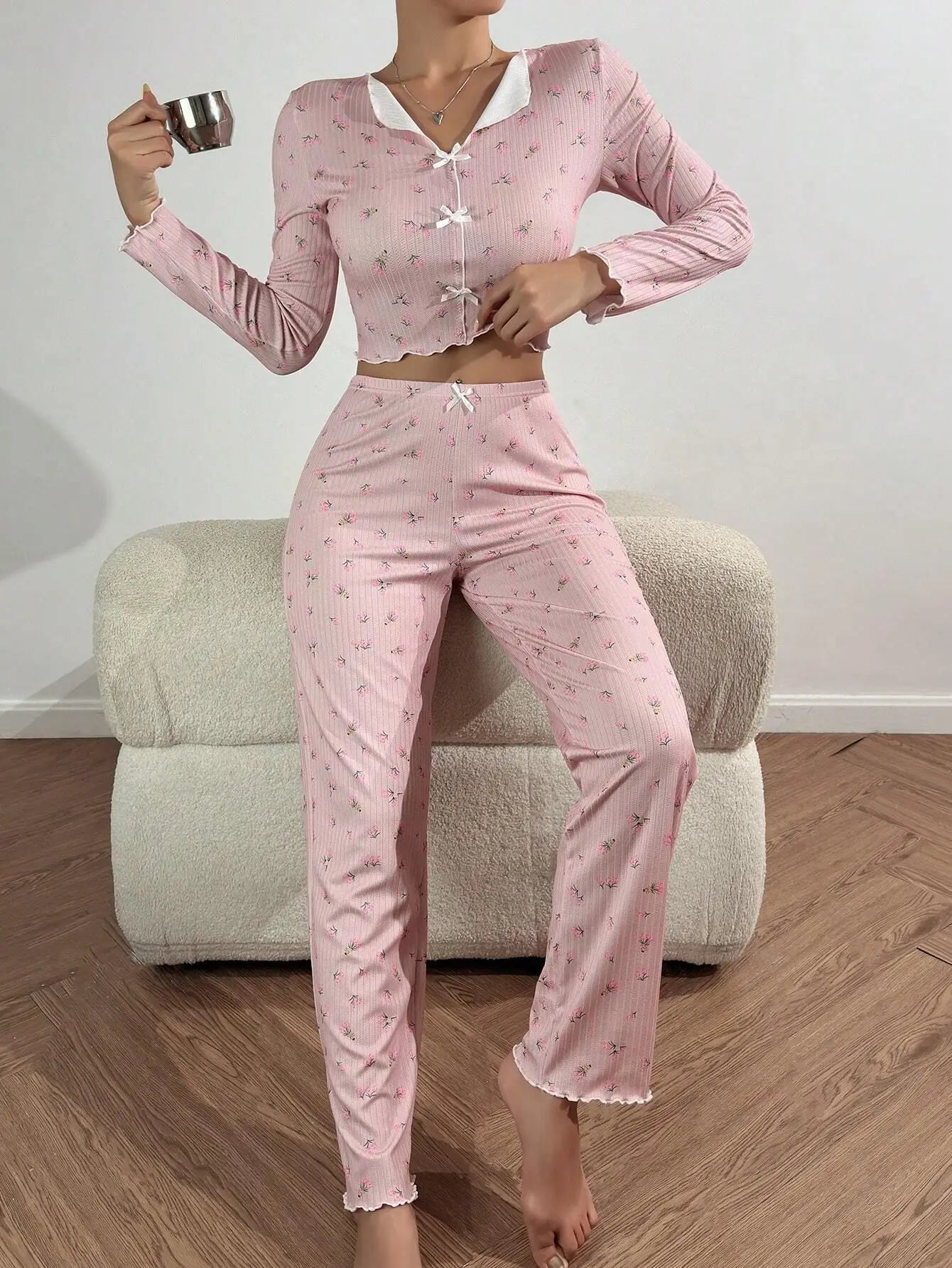 Pajamas Set Women Sleepwear Winter Autumn Floral Print Long Sleeve Tops and Long Pants 2 Pieces Set Casual Loungewear