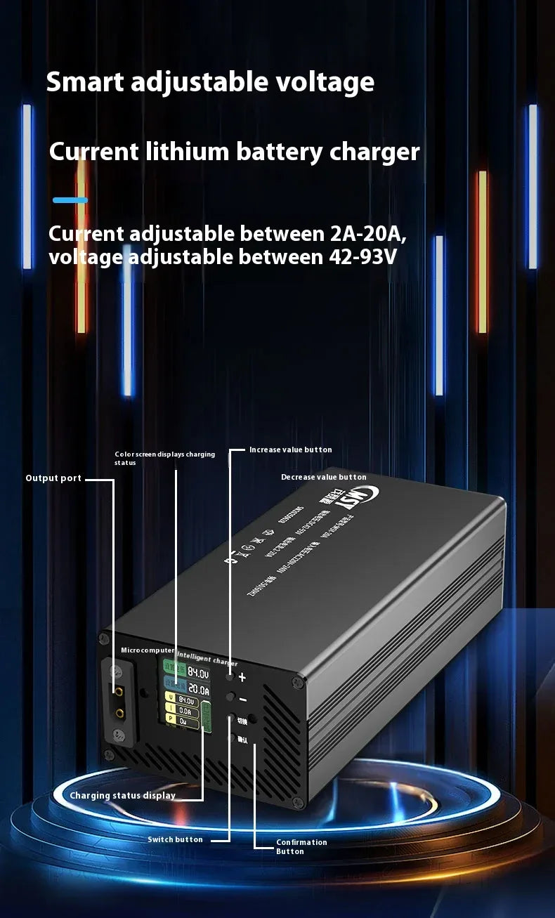10 - 93V Adjustable Charger 3- 20A for 18650 LiFePO4 Lithium ion Battery 14.6V 16.8V 58.4V 54.6V 87.6V 84V 71.4V 58.8V 29.2V 20A