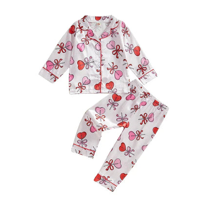 Kids Girls Valentine's Day Printed Pajamas Set Sweet Heart Print Long Sleeve Tops and Elastic Band Pants 2Piece Child Loungewear