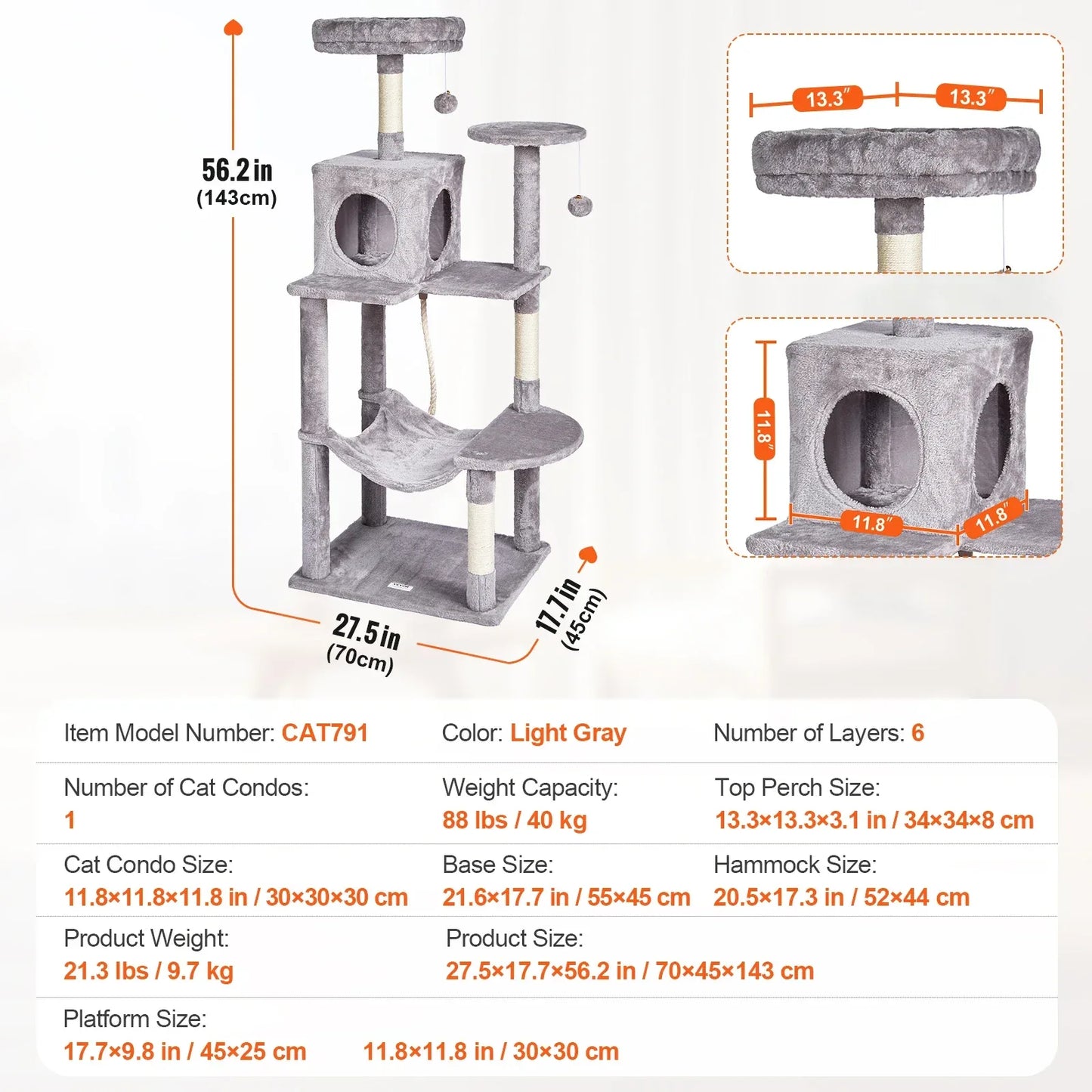 SucceBuy Cat Tree for Indoor Cats 45.2"  Tower with Cat Condo Sisal Scratching Post HammockTop Perch Jumping Platforms Dark Grey