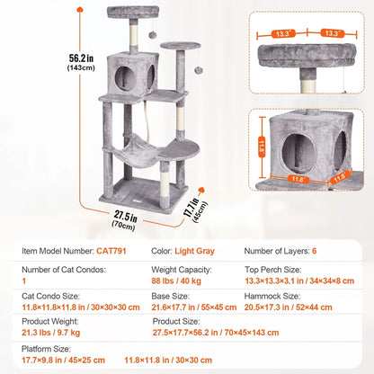 SucceBuy Cat Tree for Indoor Cats 45.2"  Tower with Cat Condo Sisal Scratching Post HammockTop Perch Jumping Platforms Dark Grey