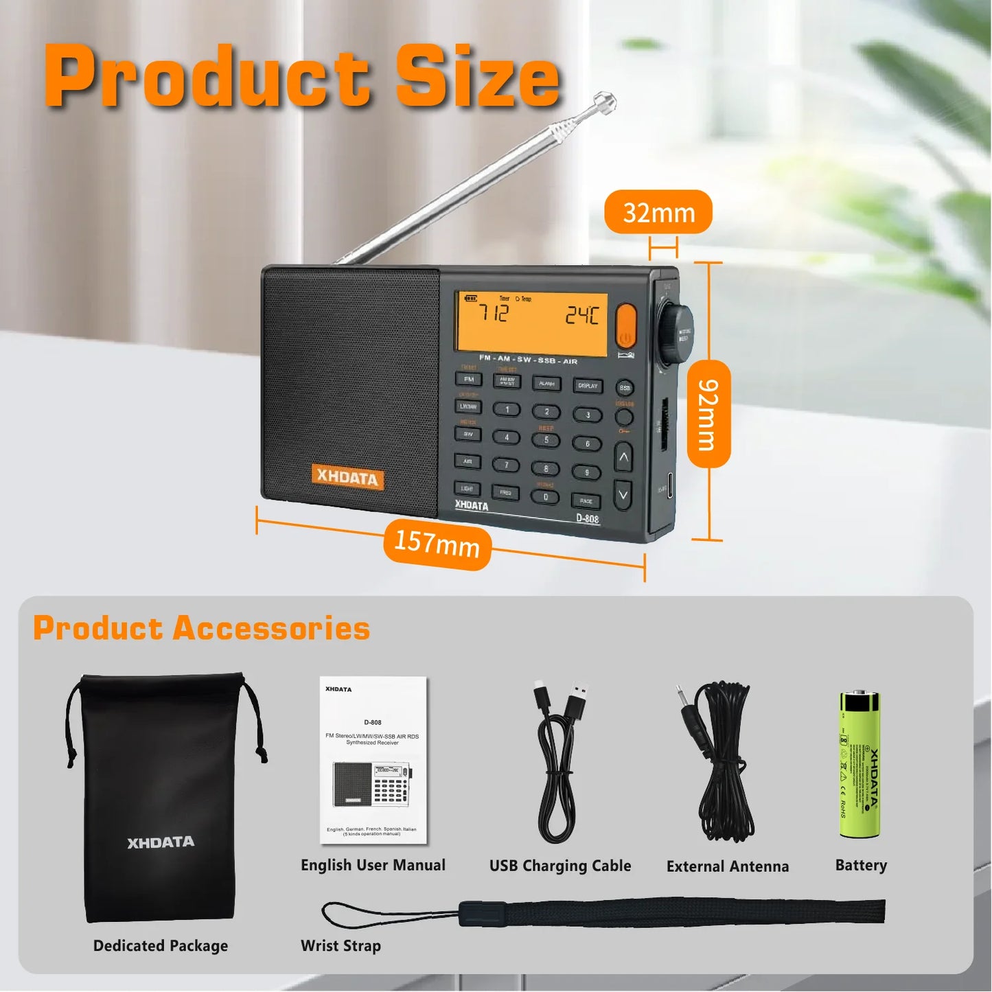XHDATA D-808 Portable Radio AM/FM/SW/MW/LW SSB AIR RDS Radio Speaker with LCD Display Alarm Clock Stereo Radio D808