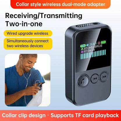 Lavalier Bluetooth 5.4 Audio Receiver Transmitter 3.5mm AUX TF Card Play Wireless Adapter with LCD Display For PC TV Speaker