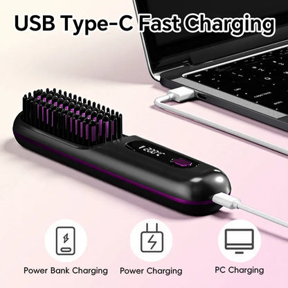 Rechargeable Hair Straightener Brush with 20s Fast Heating and 3 Temp Settings, Straightening Comb with Negative Ions for Women