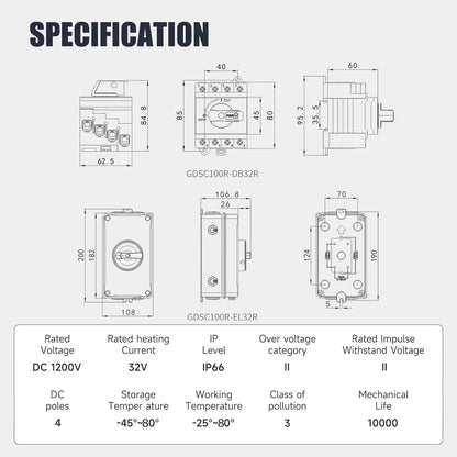 DC Solar Disconnect Switch Isolator Switch 32A1200V with IP66 Waterproof Enclosure PV Panel Disconnect Switch for Solar Systems