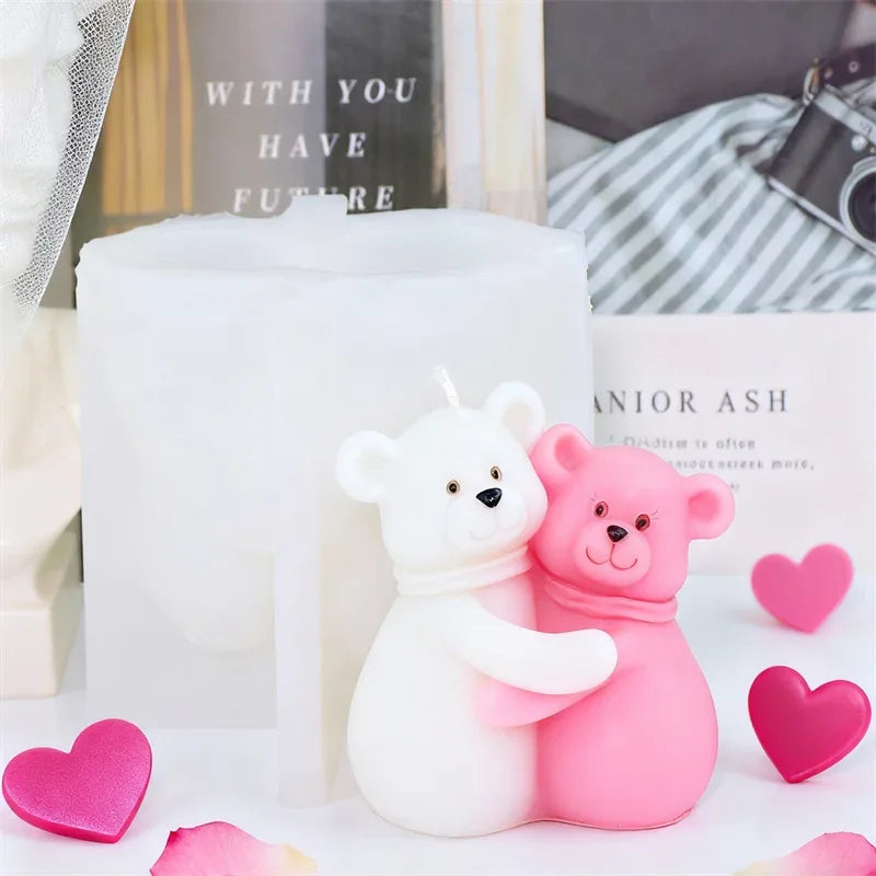 Couple Bear Candle Mold Couple Embrace Bear Silicone Mold 3D Teddy Bear Candle Making Mold for Valentine's Day Birthday Gift