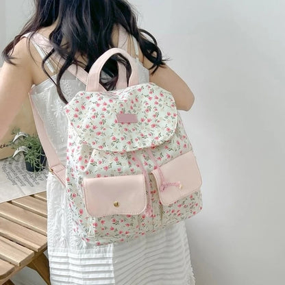 Women Girls Sweet Floral Double Pockets Shoulder Bag Japanese Aesthetic Small Backpack Casual Student Shool Book Bag F3MD
