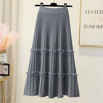 Lace Ruffle Mesh Patchwork Knitted Midi Pleated Skirt Women 2024 Autumn Winter High Waist Umbrella Solid Skirt A-Line Long Skirt