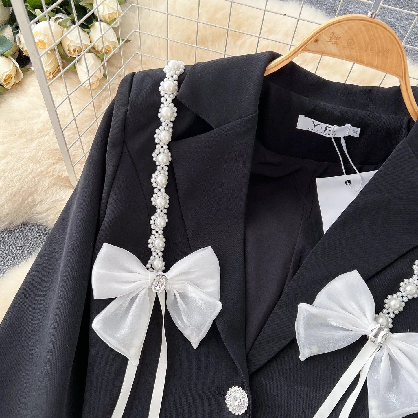 Chic Notched Basics Long Sleeve Elegant Embroidered Bead Butterfly Loose Coat French Streetwear High Street Autumn Winter Top