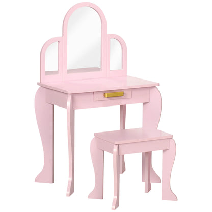 Homcom Children's Dressing Table with Mirror and Stool Children's Dressing Table Makeup Table for Girls from 3 to 6 Years with Drawer Pink