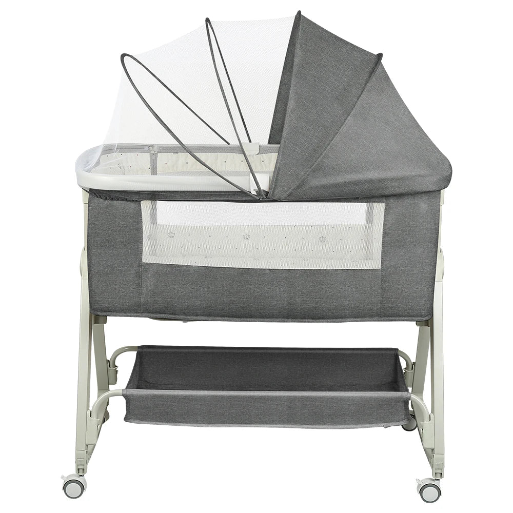 4-in-1 Baby Co-Sleeping Crib, Adjustable to 6 Positions, with Mattress, 15° Incline, Wheels with Brakes, Baby Crib 0-24 Months