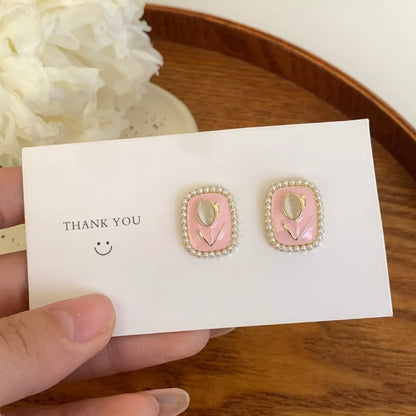 Opal Tulip Flower Pink Color Square Imitation Pearl Stud Earring for Women Korean Sweet Geometric Jewelry Christmas Girl Gift