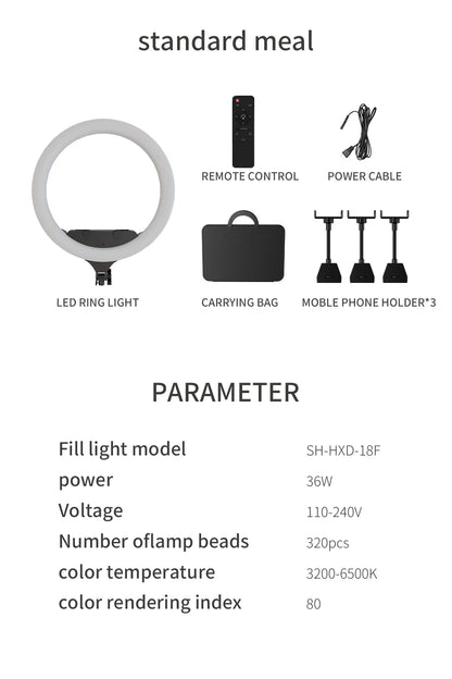 SH Ring Light 18inch Kit 36W 6500K Professional LED Control Stand Phone Holder Tube  Bag for Tattoo Lash Extension Barber Light