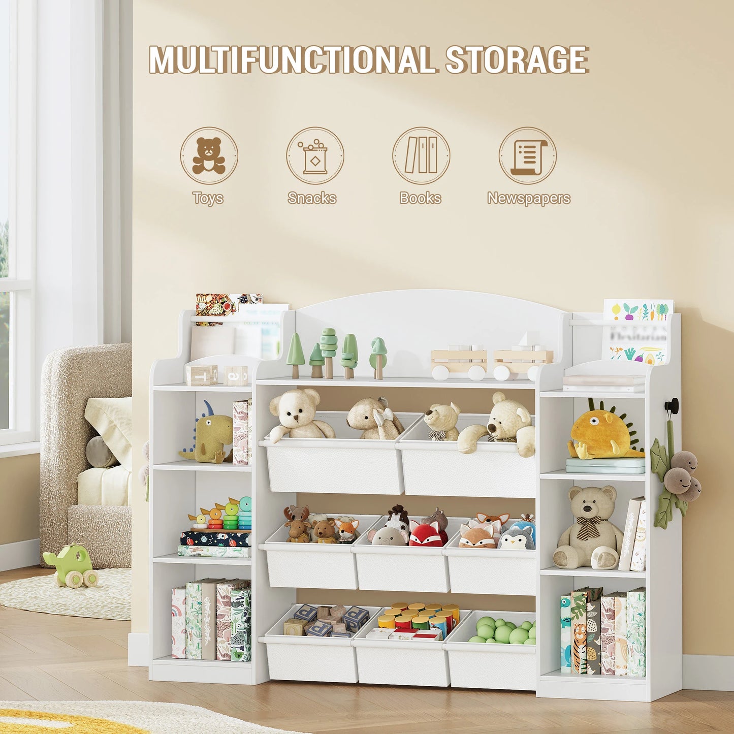 Children's Bookcase, Wooden Bookcase, Toy Shelf with 8 Fabric Drawers for Children's Room, Living Room, Study
