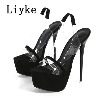 Liyke Model Catwalk Extreme High Heels Sexy 16 CM Transparent Sandal Women Snake Print Open Toe Slip-On Back Strap Platform Shoe