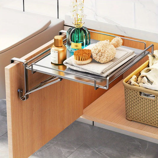 Stainless Steel Foldable Countertop Shelf Space Saving Cabinet Door Shelf No Drill Hanging Storage Bathroom Kitchen Organizer by PDG ibma