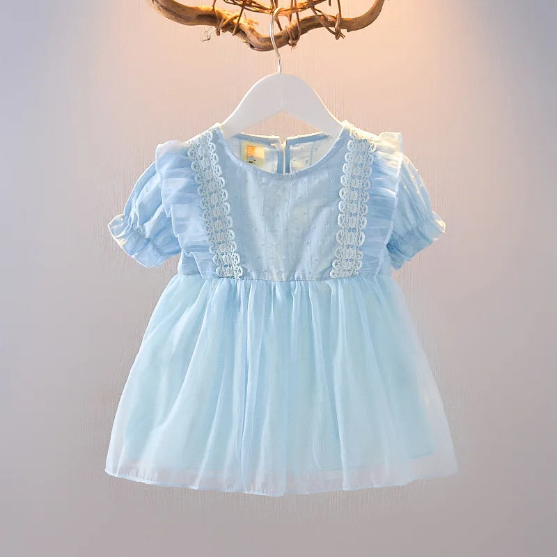 Summer New Style Baby Girls Dress Short Sleeve Flower Fake Two-Piece Shoulder Strap Dress Cute Princess Wedding Party Costume