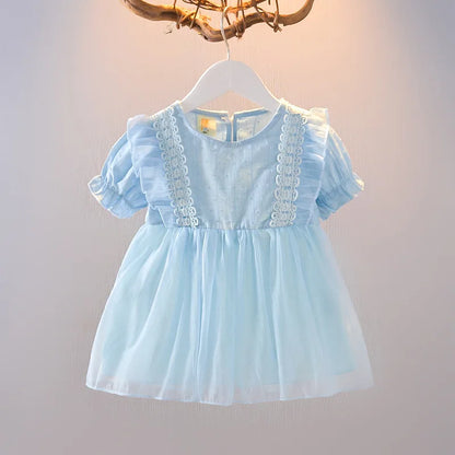Summer New Style Baby Girls Dress Short Sleeve Flower Fake Two-Piece Shoulder Strap Dress Cute Princess Wedding Party Costume
