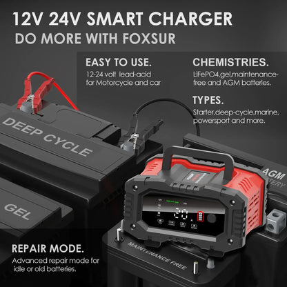 Portable 20A/10A Car Battery Charger 12V 24V Automatic Motorcycle Truck AGM LiFePO4 Lead Acid Start Stop Battery with Repair