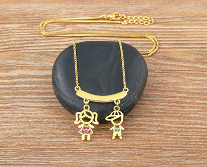 Nidin Exquisite Gold Plated Mom Daughter Necklace Girl Boy Pendant Chain Choker Cubic Zirconia Jewelry Mother's Day Gift