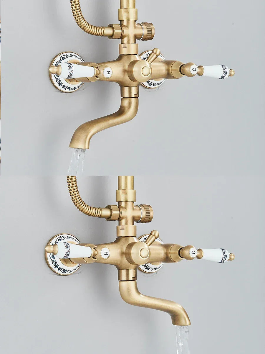 Retro Shower System Antique Brass Rainfall Shower With Handheld Shower Tub Spout For Bath Shower