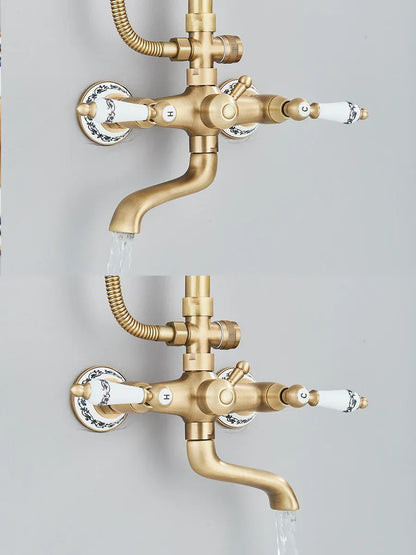 Retro Shower System Antique Brass Rainfall Shower With Handheld Shower Tub Spout For Bath Shower