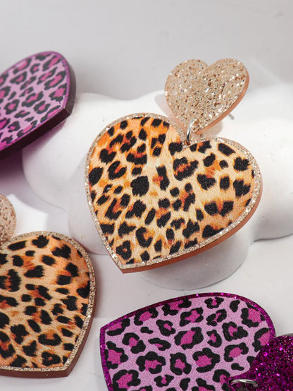 New Purple Glitter Leopard Heart Acrylic Dangle Earrings for Women Trendy Love Hanging Earring Jewelry Valentine's Day Gifts