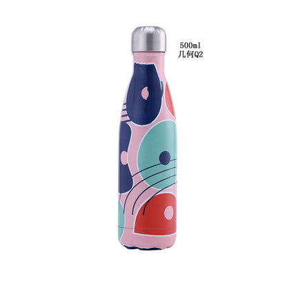 500ml Cola Shape Insulated Bottle, 304 Stainless Steel Vacuum Flask, Marble/Print Portable Water Bottle