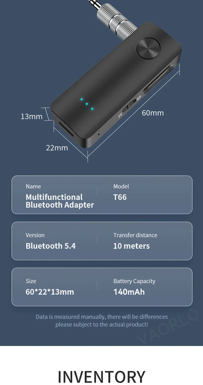 2-In-1 Wireless Audio Adapter Bluetooth 5.3 Receiver Transmitter 3.5mm Jack AUX Lossless Sound MIC For Car Speaker TV PC