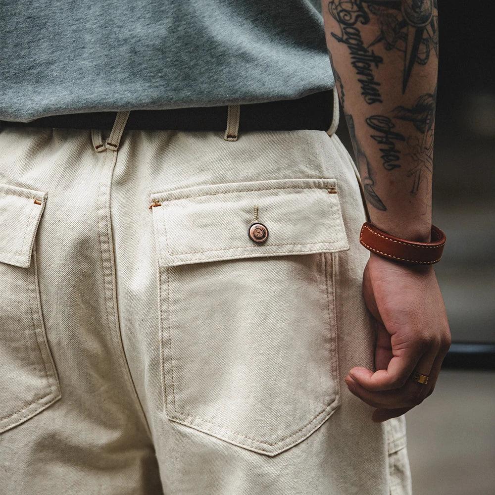 Maden Retro Cotton Seed Shell White Denim Jeans 11.2OZ Loose Straight Long Pants Cargo Pants Sweatpants Men Causal Trousers