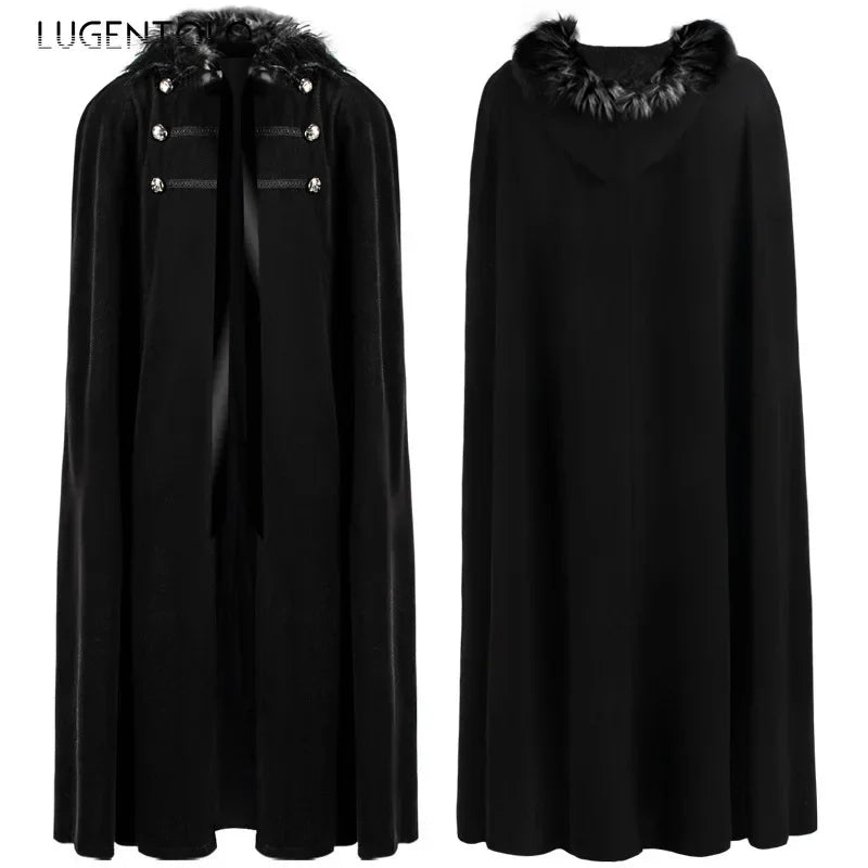 Cape punk vintage pour homme, style décontracté, col en fourrure, à capuche, idéale pour Halloween, costume médiéval, Renaissance, automne/hiver, manteau long