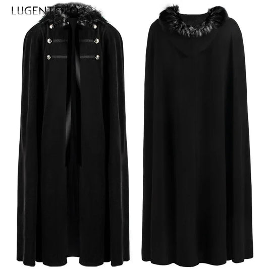 Cape punk vintage pour homme, style décontracté, col en fourrure, à capuche, idéale pour Halloween, costume médiéval, Renaissance, automne/hiver, manteau long