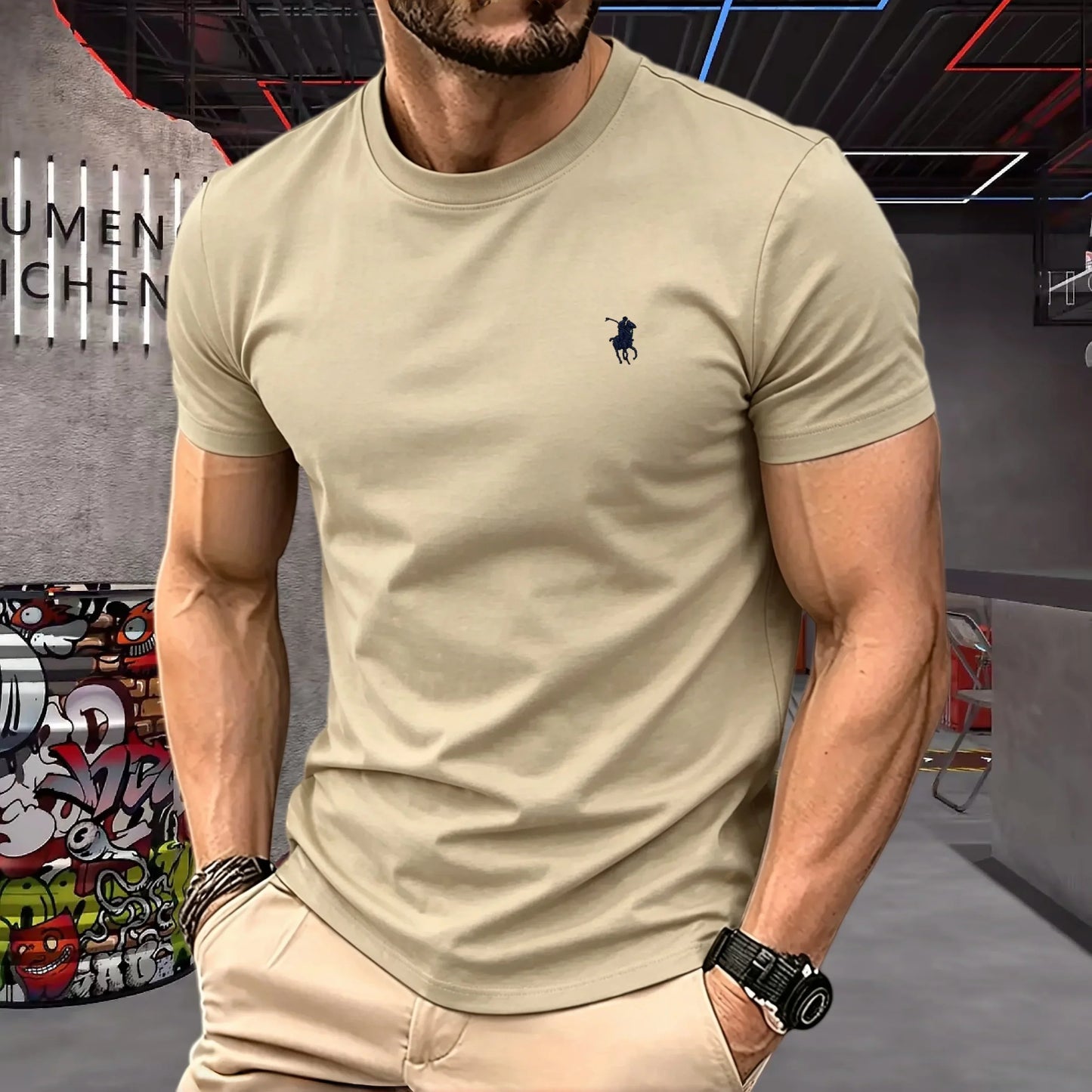 100% pure cotton 2026 high-end brand men's short sleeved round neck top summer fashion luxury pony embroidery top sports T-shirt