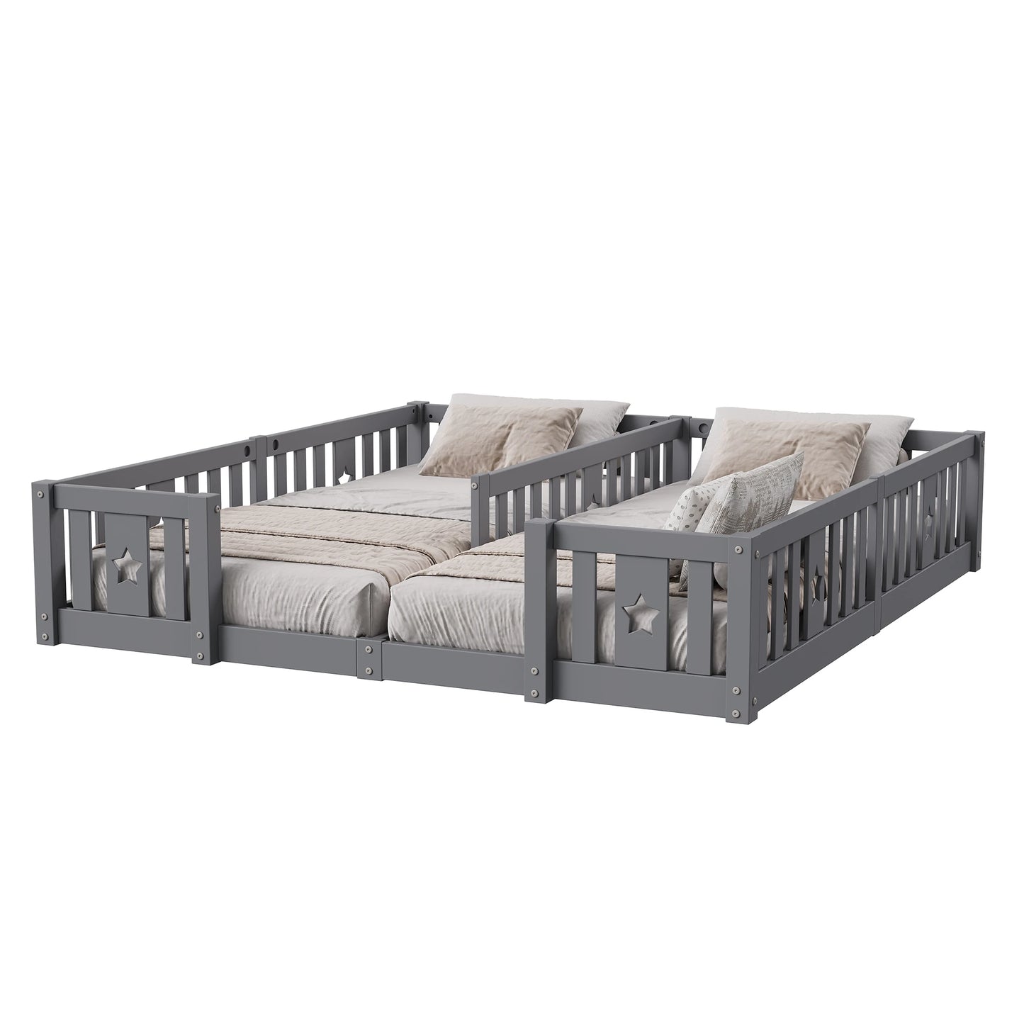 Rosahqnda Children's Bed Floor Bed 90x200cm with Railing Gate,Pine Wooden Bed for Families with 2 Children,Children's Twin Bed