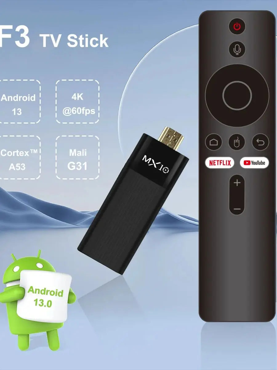 MX10-F3 Android TV Stick Ultra HD 4K H313 Quad Core 2.4G/5G Dual WiFi Portable Mini Home TVStreaming Media Player Stick for Home