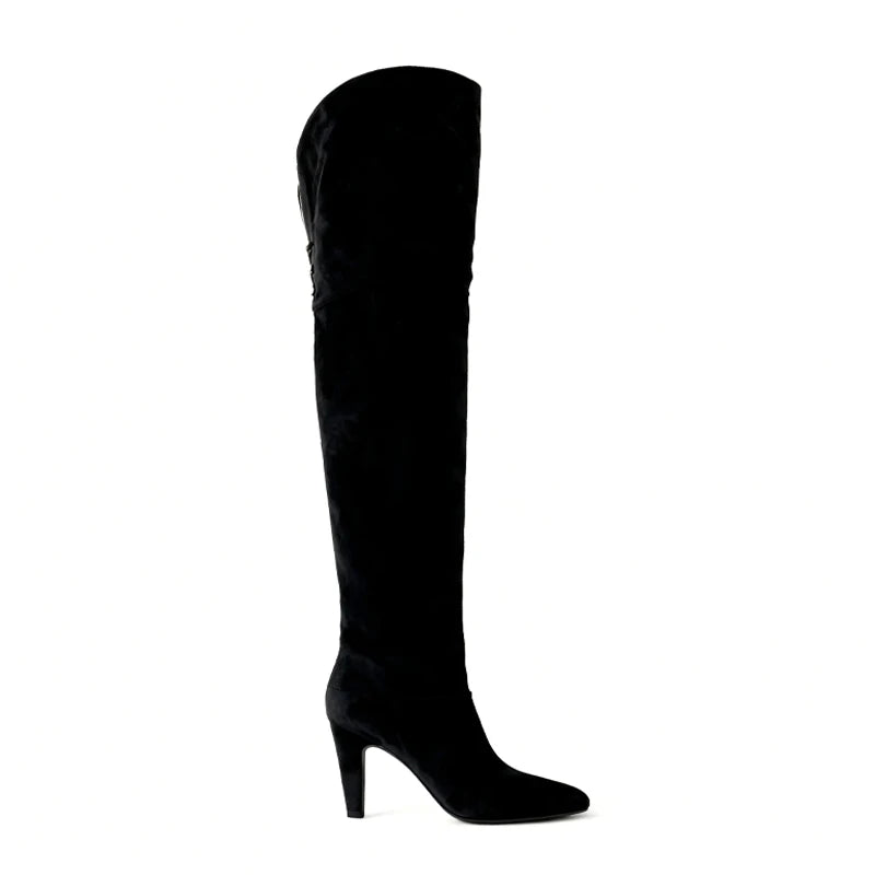 Autumn and Winter Women's Thick High-heeled Knee High Boots, Round Headed Cowhide Suede Fashionable Women's Plus Size Boots