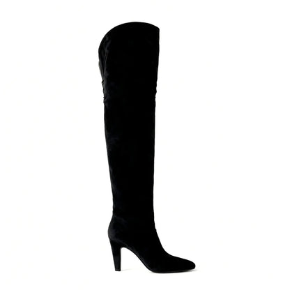 Autumn and Winter Women's Thick High-heeled Knee High Boots, Round Headed Cowhide Suede Fashionable Women's Plus Size Boots