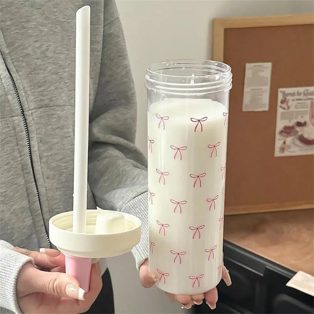 Pink Bow Tumbler Transparent Straw Water Cup Cute Portable Water Bottle For Outdoor School Drinking Water Bottles ﻿