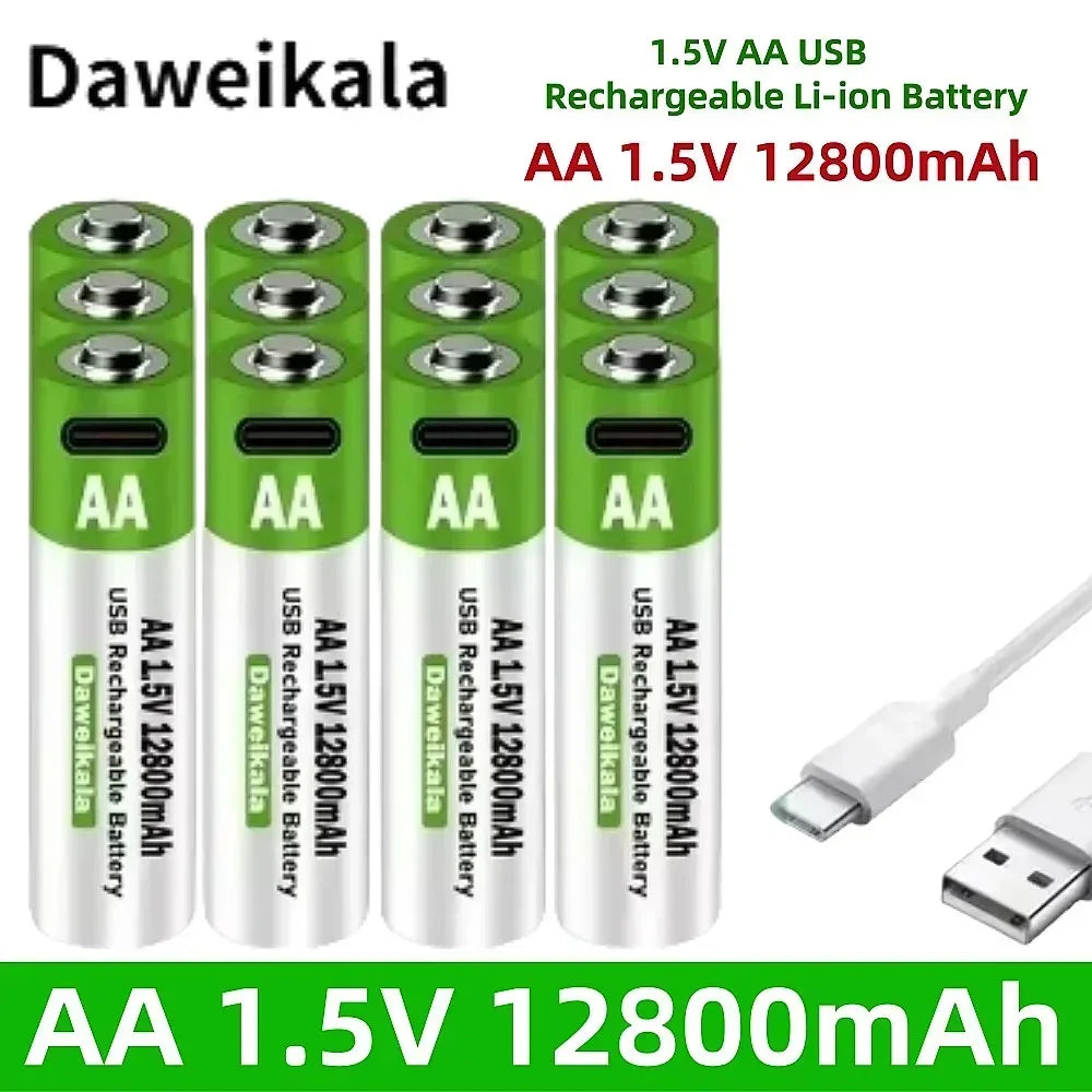 2025 New AA 1.5V USB Rechargeable Li-ion Battery 12800mAh Battery W/Type-C Cable for Toy Remote Control Mouse Electric Battery