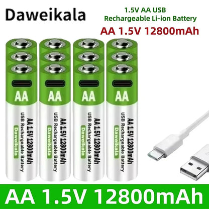 2025 New AA 1.5V USB Rechargeable Li-ion Battery 12800mAh Battery W/Type-C Cable for Toy Remote Control Mouse Electric Battery