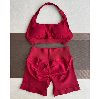 2 Pieces Yoga Gym Set Women Seamless Strappy Yoga Bra High Waist Workout Scrunch Shorts Sports Set Fitness Clothes Sportswear