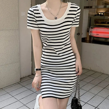 Fashion Striped Knitted Mini Dress Summer Korean Square Collar Waist Women's Clothing Slim Bag Hip Casual Short Sleeve Dresses