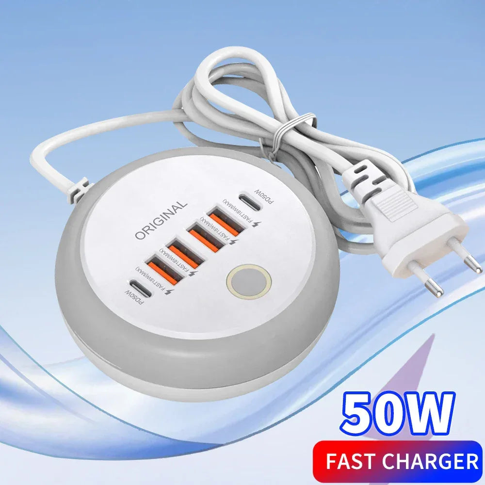 Multi Ports Charger PD 50W USB Type C Mobile Phone Power Adapter For iPhone Xiaomi Huawei Samsung USB Quick Charging Power Strip