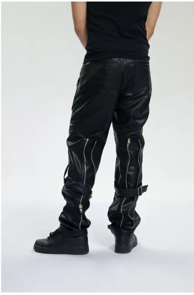 Mauroicardi Spring Autumn Cool Black Pu Leather Pants Men with Many Zippers Belt Luxury Designer Clothing Trousers Fashions 2023