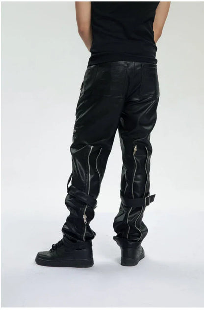 Mauroicardi Spring Autumn Cool Black Pu Leather Pants Men with Many Zippers Belt Luxury Designer Clothing Trousers Fashions 2023